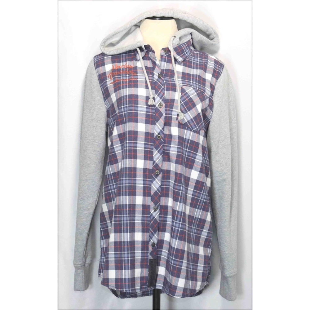 NEW Harley Davidson Plaid Flannel Hoodie Shirt Jacket Shacket Womens Size Large